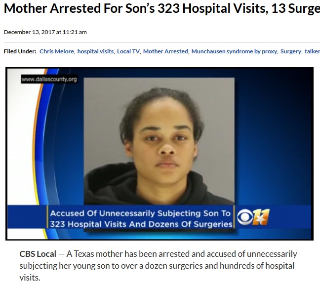 健康体の息子を何度も病院へ連れて行き手術までさせた母親が逮捕（画像は『CBS Local　2017年12月13日付「Mother Arrested For Son’s 323 Hospital Visits, 13 Surgeries, Report Says」』のスクリーンショット）