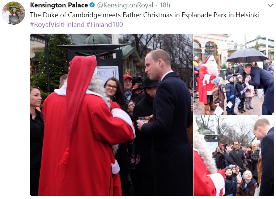 今年のクリスマスはどうなる？（画像は『Kensington Palace　2017年11月30日付Twitter「The Duke of Cambridge meets Father Christmas in Esplanade Park in Helsinki.」』のスクリーンショット）