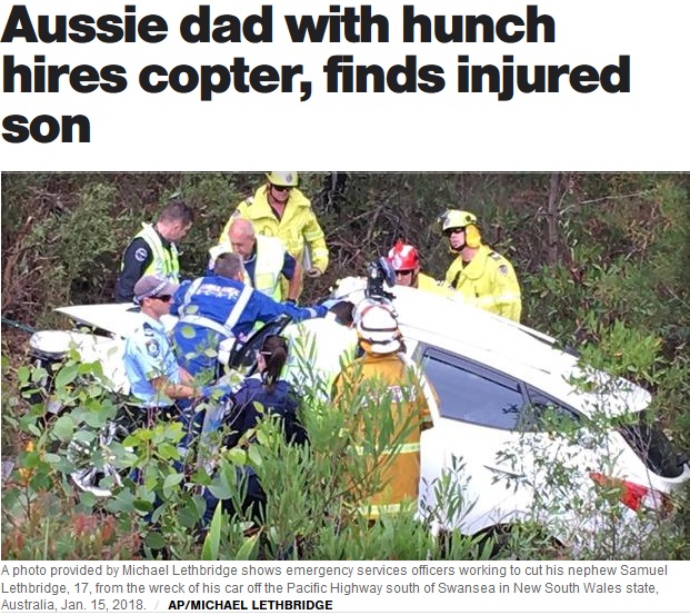 父の機転が事故に遭った息子の命を救う（画像は『CBS News　2018年1月16日付「Aussie dad with hunch hires copter, finds injured son」（AP/MICHAEL LETHBRIDGE）』のスクリーンショット）