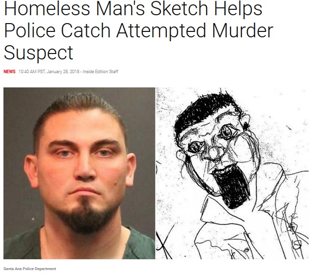 ホームレスが描いた似顔絵により、犯人逮捕（画像は『Inside Edition　2018年1月28日付「Homeless Man’s Sketch Helps Police Catch Attempted Murder Suspect」（Santa Ana Police Department）』のスクリーンショット）
