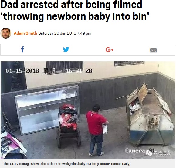 監視カメラが父親の蛮行をキャッチ（画像は『Metro　2018年1月20日付「Dad arrested after being filmed ‘throwing newborn baby into bin’」（Picture: Yunnan Daily）』のスクリーンショット）