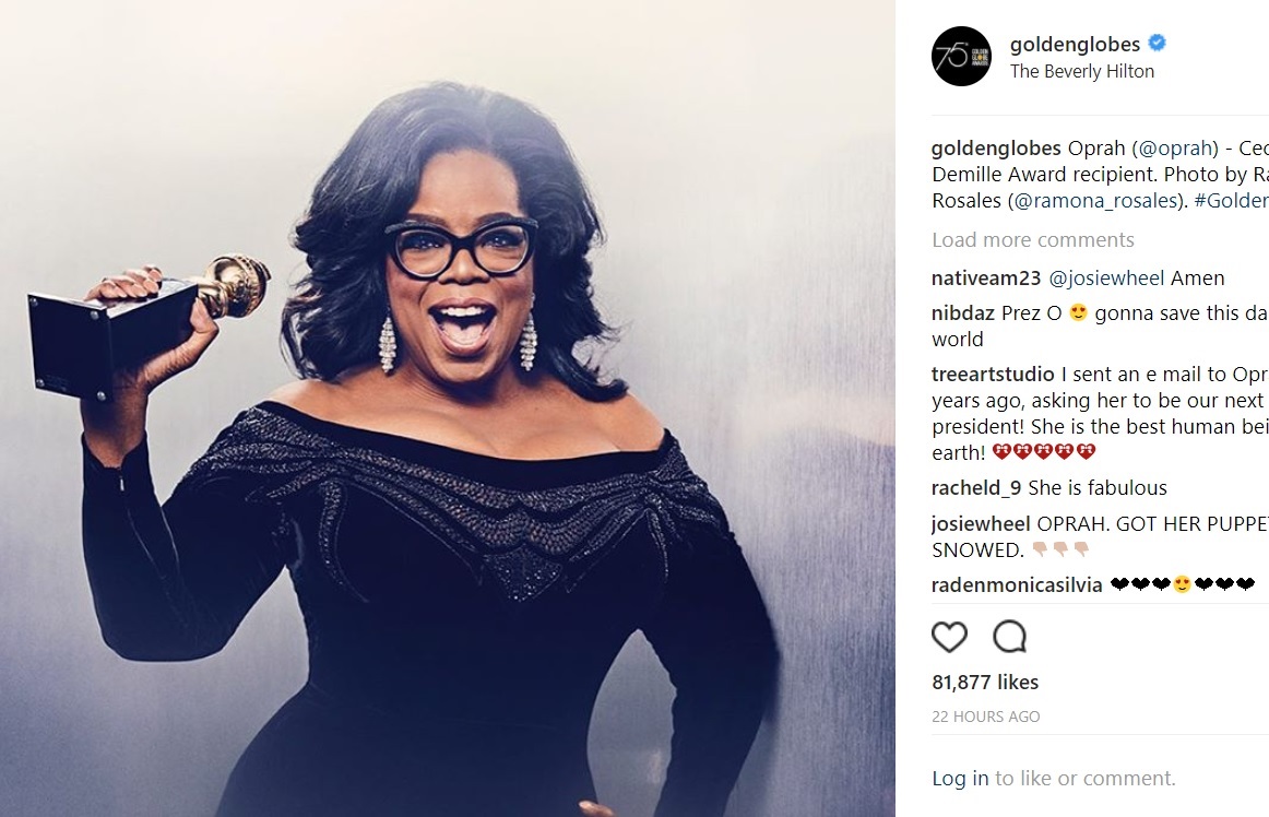 授賞式で最高のスピーチを披露したオプラ・ウィンフリー（画像は『Golden Globes　2018年1月8日付Instagram「Oprah（＠oprah）- Cecil B. Demille Award recipient. Photo by Ramona Rosales（＠ramona_rosales）.」』のスクリーンショット）