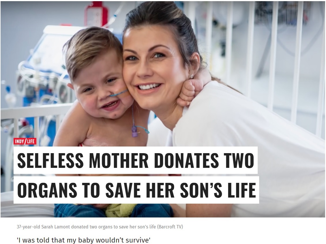 息子の命を救うために2つの臓器を提供した母（画像は『The Independent　2018年1月19日付「SELFLESS MOTHER DONATES TWO ORGANS TO SAVE HER SON’S LIFE」（Barcroft TV）』のスクリーンショット）