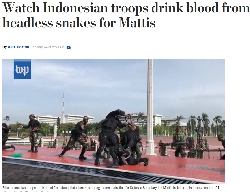 マティス米国防長官、インドネシア陸軍の歓迎デモンストレーションに大感激（画像は『Washington Post　2018年1月24日付「Watch Indonesian troops drink blood from headless snakes for Mattis」（Alex Horton/The Washington Post）』のスクリーンショット）
