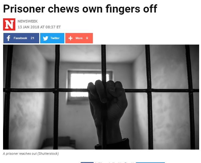 自ら指を食いちぎった受刑者に鎮痛剤処方されず（画像は『RawStory　2018年1月13日付「Prisoner chews own fingers off」（Shutterstock）』のスクリーンショット）