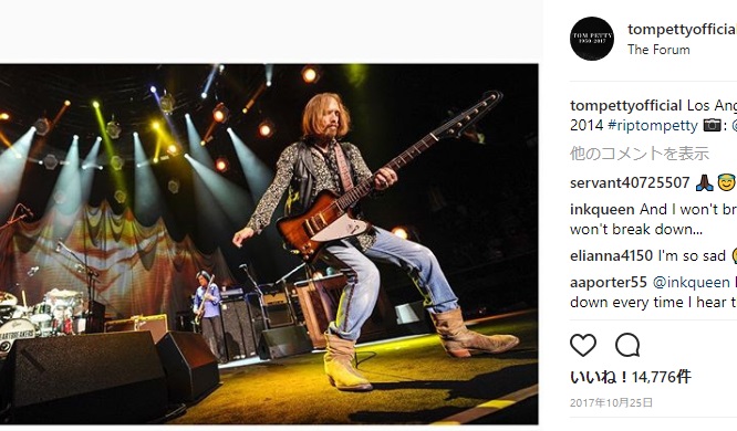 最後まで音楽とファンを愛したトム・ペティ（画像は『Tom Petty ＆ The Heartbreakers　2017年10月25日付Instagram「Los Angeles | October 2014 ＃riptompetty」（＠actennille）』のスクリーンショット）