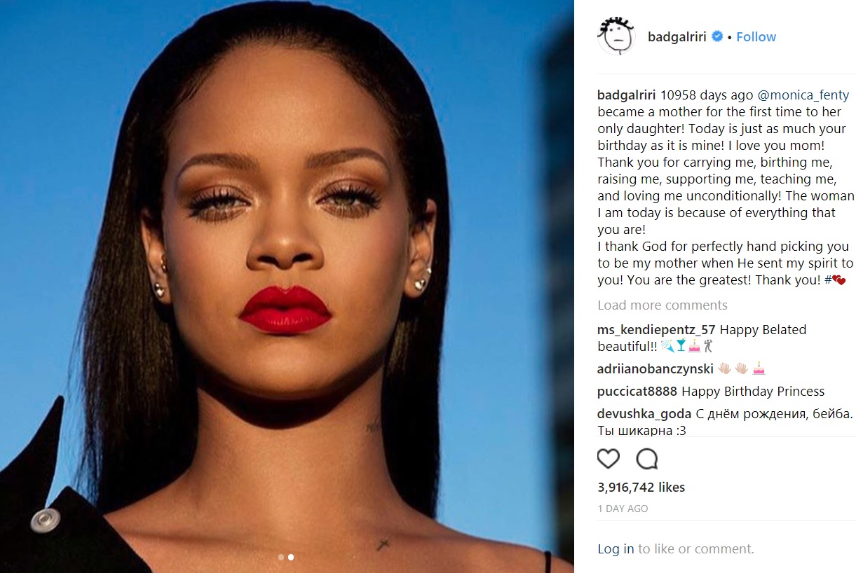 “バッド・ガール”リアーナも30歳に（画像は『badgalriri　2018年2月20日付Instagram「10958 days ago ＠monica_fenty became a mother for the first time to her only daughter!」』のスクリーンショット）