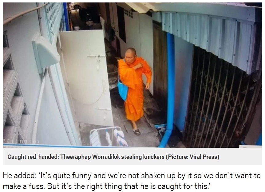 女性の下着を物干し台から盗む僧侶（画像は『Metro　2018年2月6日付「Buddhist monk caught on CCTV stealing woman’s wet knickers」（Picture: Viral Press）』のスクリーンショット）