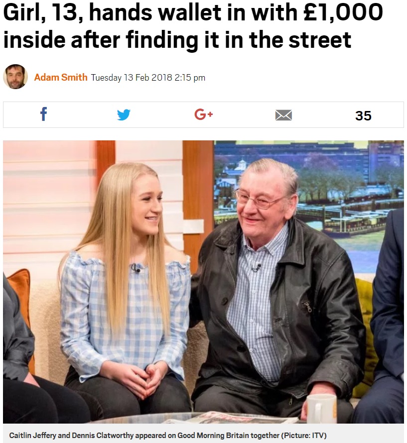 財布を拾った少女に感謝する持ち主の男性（画像は『Metro　2018年2月13日付「Girl, 13, hands wallet in with ￡1,000 inside after finding it in the street」（Picture: ITV）』のスクリーンショット）