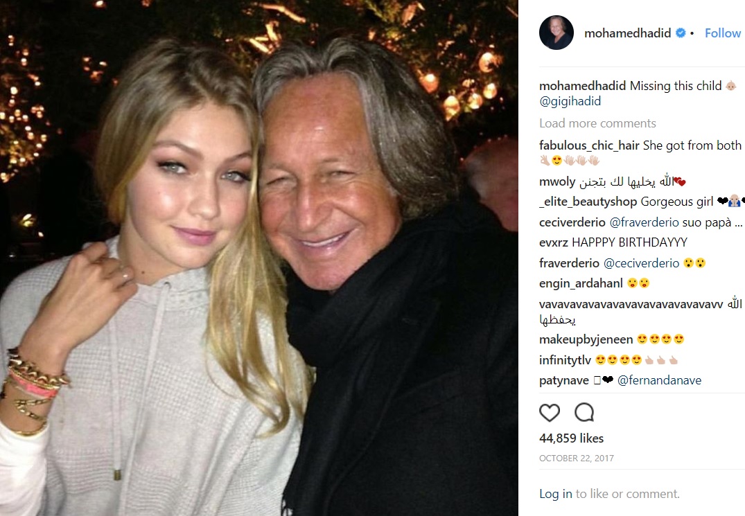 自慢の娘ジジ・ハディッドと（画像は『Mohamedhadid　2017年10月22日付Instagram「Missing this child ＠gigihadid」』のスクリーンショット）