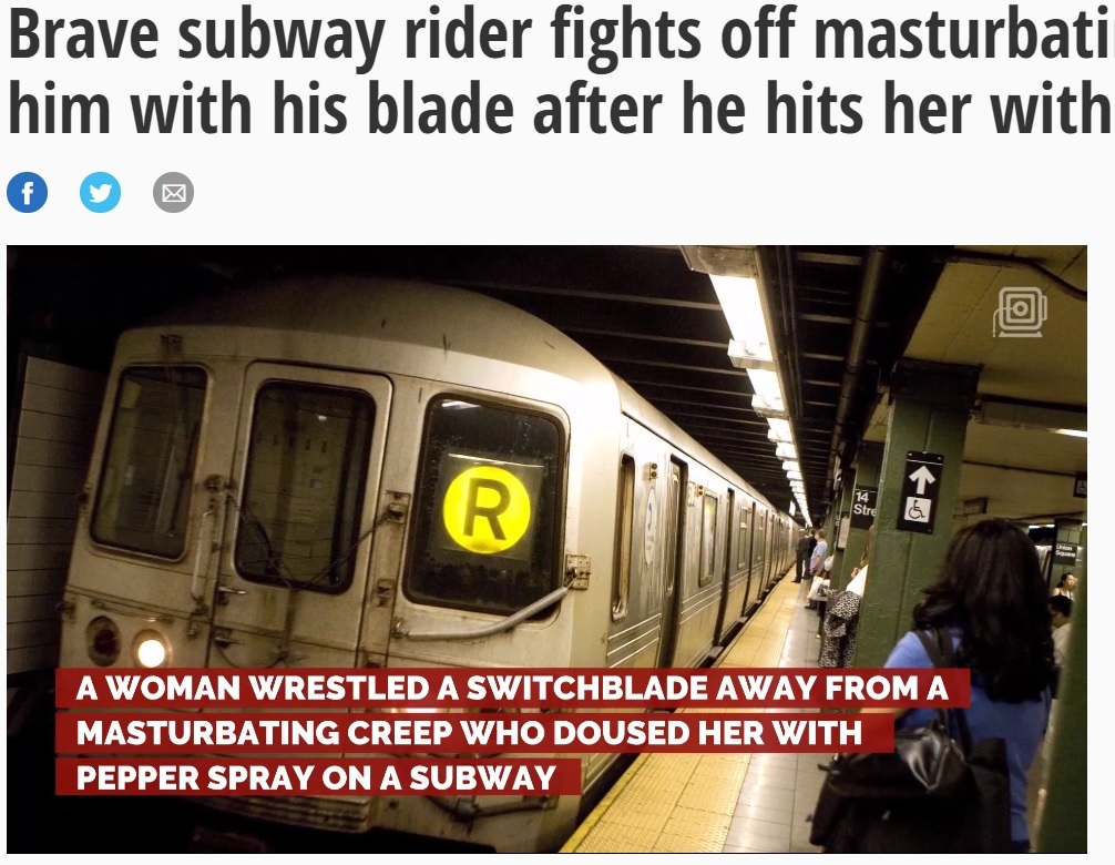 NYの地下鉄車内でわいせつ行為の男、女性に刺される（画像は『NY Daily News　2018年2月24日付「Brave subway rider fights off masturbating creep, stabs him with his blade after he hits her with pepper spray」』のスクリーンショット）