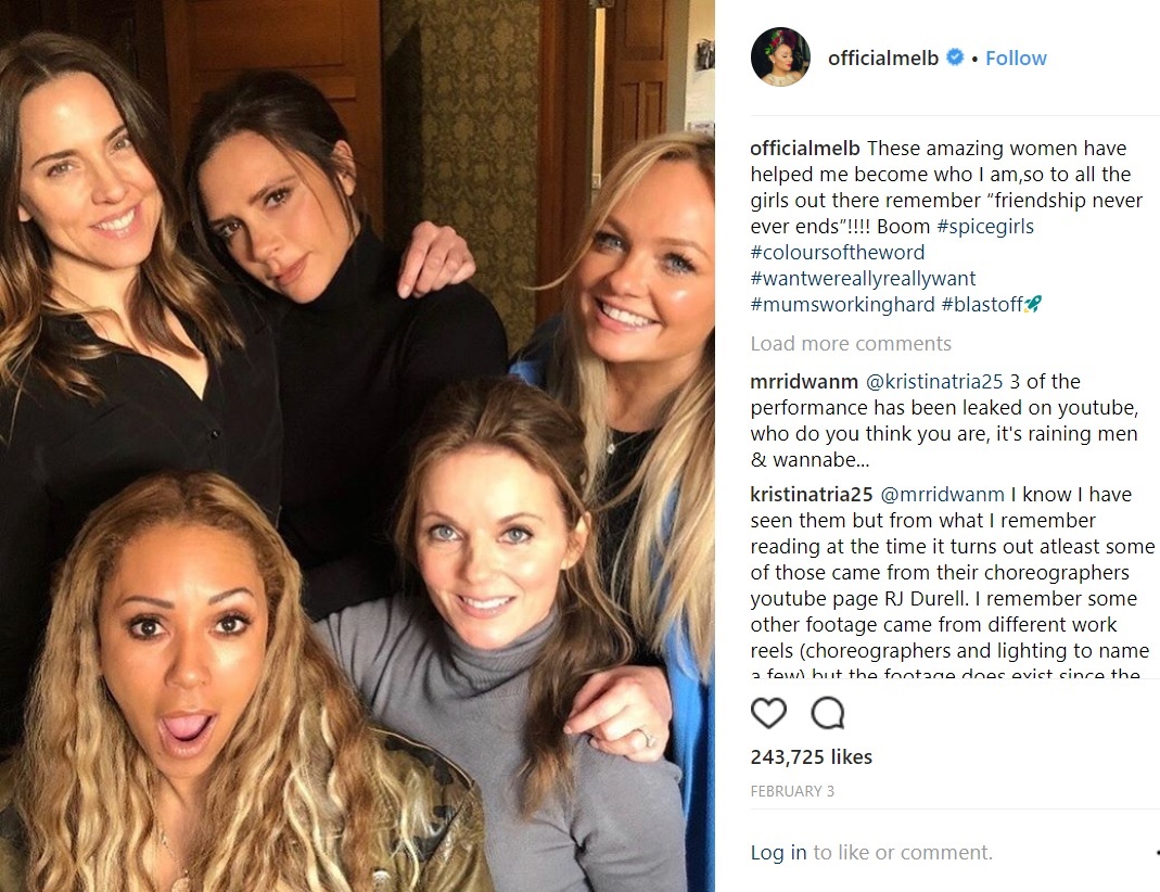 今月初めに集結したスパイス・ガールズの5人（画像は『Mel B　2018年2月2日付Instagram「These amazing women have helped me become who I am,so to all the girls out there remember “friendship never ever ends”!!!!」』のスクリーンショット）