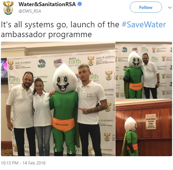 恐怖のマスコット「スプラッシュ」（画像は『Water＆SanitationRSA　2018年2月14日付Twitter「It’s all systems go, launch of the ＃SaveWater ambassador programme」』のスクリーンショット）