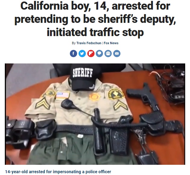少年が着用していたニセの制服（画像は『Fox News　2018年3月8日付「California boy, 14, arrested for pretending to be sheriff’s deputy, initiated traffic stop」（San Bernardino County Sheriff’s Office）』のスクリーンショット）