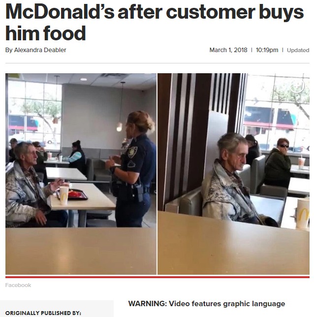 店から出るようホームレスに指示する警察官（画像は『New York Post　2018年3月1日付「Homeless man kicked out of McDonald’s after customer buys him food」（Facebook）』のスクリーンショット）