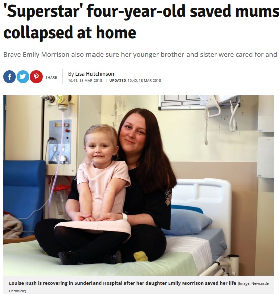 咄嗟の機転でママを救った4歳児（画像は『Daily Record 2018年3月18日付「‘Superstar’ four-year-old saved mums life after she collapsed at home」（Image: Newcastle Chronicle）』のスクリーンショット）