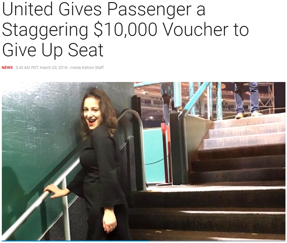 オーバーブッキングに遭い、1万ドルの旅行券を受け取った女性客（画像は『Inside Edition　3月23日付「United Gives Passenger a Staggering ＄10,000 Voucher to Give Up Seat」』のスクリーンショット）