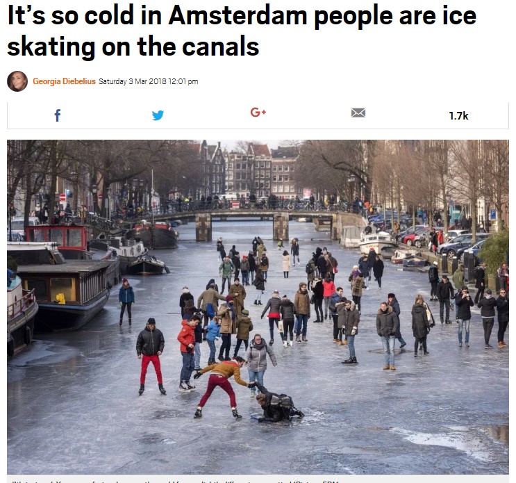 運河でスケートを楽しむアムステルダムの人々（画像は『Metro　2018年3月3日付「It’s so cold in Amsterdam people are ice skating on the canals」（Picture: EPA）』のスクリーンショット）