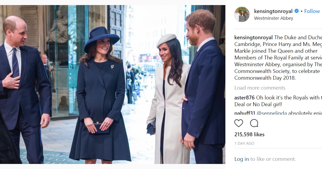 英王室の“Fabulous Four（素敵な4人組）”が勢ぞろい（画像は『Kensington Palace　2018年3月12日付Instagram「The Duke and Duchess of Cambridge, Prince Harry and Ms. Meghan Markle joined The Queen and other Members of The Royal Family at service at Westminster Abbey, organised by The Royal Commonwealth Society, to celebrate Commonwealth Day 2018.」』のスクリーンショット）