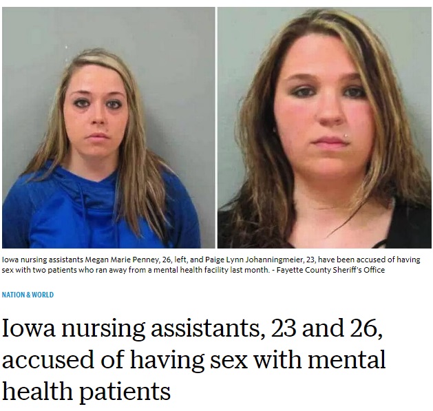 女のスタッフ2名、入院中の男性患者に性的暴行（画像は『The Kansas City Star　2018年3月9日付「Iowa nursing assistants, 23 and 26, accused of having sex with mental health patients」（Fayette County Sheriff’s Office）』のスクリーンショット）
