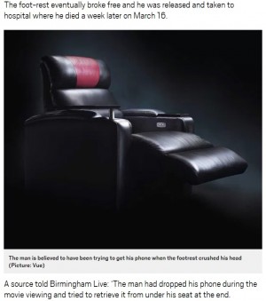 【海外発！Breaking News】映画館のリクライニングシートに挟まれた男性、1週間後に死亡（英）