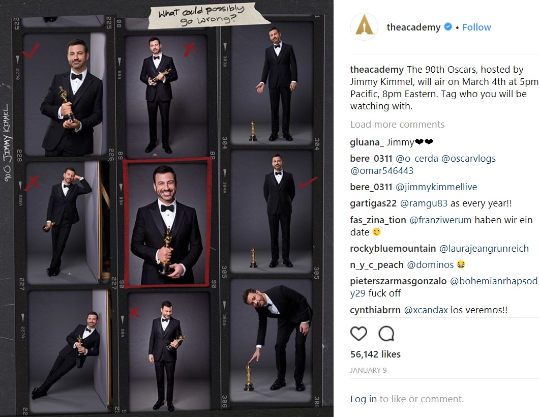 今年も司会を務めたジミー・キンメル（画像は『The Academy　2018年1月8日付Instagram「The 90th Oscars, hosted by Jimmy Kimmel, will air on March 4th at 5pm Pacific, 8pm Eastern.」』のスクリーンショット）