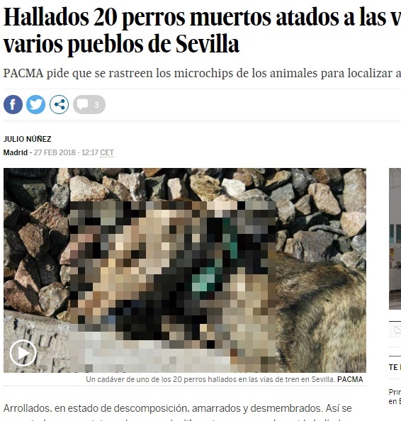 一体誰がこんなむごいことを（画像は『EL PAÍS　2018年2月27日付「Hallados 20 perros muertos atados a las vías del tren en varios pueblos de Sevilla」（PACMA）』のスクリーンショット　画像を一部加工しています）