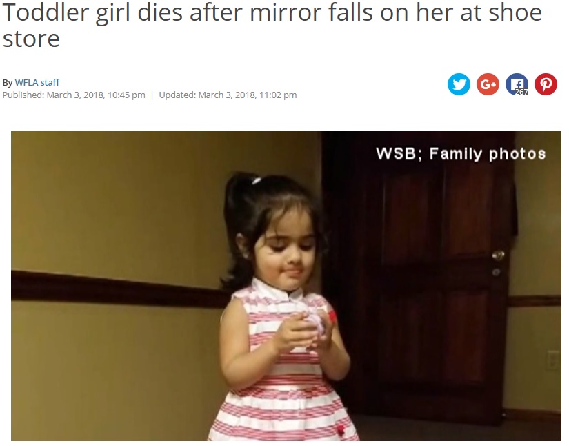 鏡の直撃を受け2歳女児が死亡（画像は『WNCN.com　2018年3月3日付「Toddler girl dies after mirror falls on her at shoe store」』のスクリーンショット）