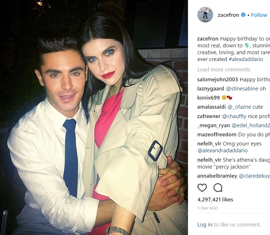 ザック・エフロン、女優アレクサンドラ・ダダリオに夢中（画像は『Zac Efron　2018年3月16日付Instagram「Happy birthday to one of the the most real, down to, stunning, intelligent, creative, loving, and most rare Pokémon ever created ＃alexdaddario」』のスクリーンショット）