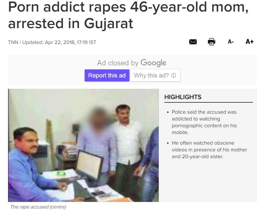 性依存症が疑われる息子、ついに母親を襲う（画像は『Times of India　2018年4月22日付「Porn addict rapes 46-year-old mom, arrested in Gujarat」』のスクリーンショット）