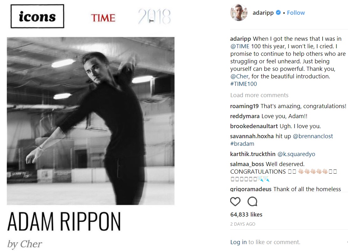 セレブからの人気も絶大のアダム・リッポン（画像は『Adam Rippon　2018年4月19日付Instagram「When I got the news that I was in ＠TIME 100 this year, I won’t lie, I cried.」』のスクリーンショット）