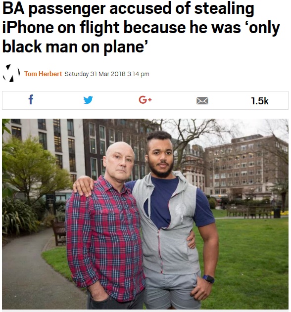 黒人というだけで窃盗を疑われたジョナサン・バルドンさん（右）（画像は『Metro　2018年3月31日付 「BA passenger accused of stealing iPhone on flight because he was ‘only black man on plane’」（Picture: Mirrorpix）』のスクリーンショット）