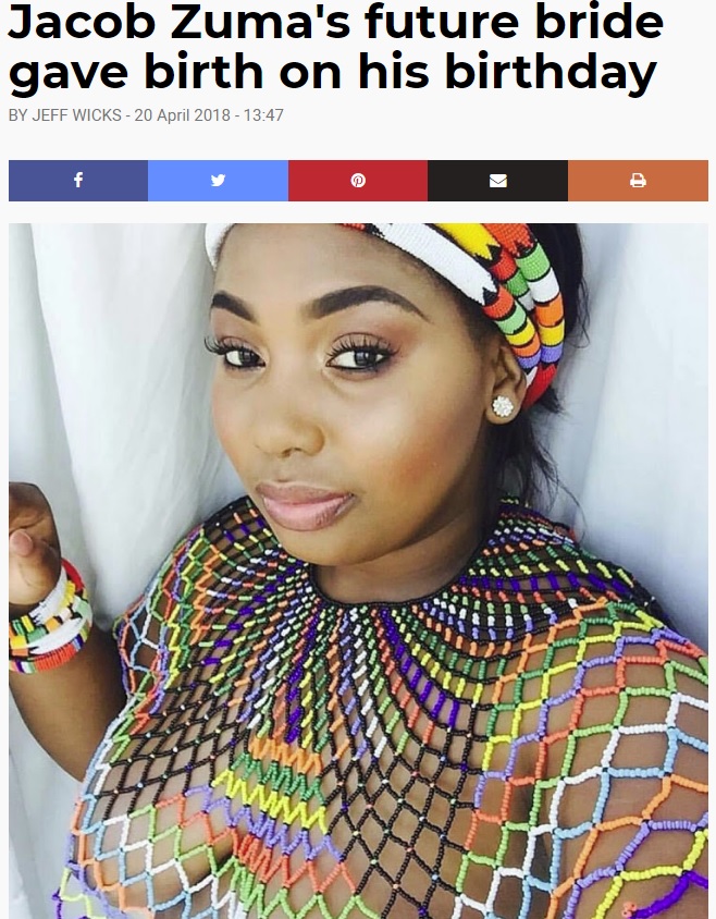 ズマ氏の子を産んだとされる24歳のコンコさん（画像は『SowetanLIVE　2018年4月20日付「Jacob Zuma’s future bride gave birth on his birthday」』のスクリーンショット）