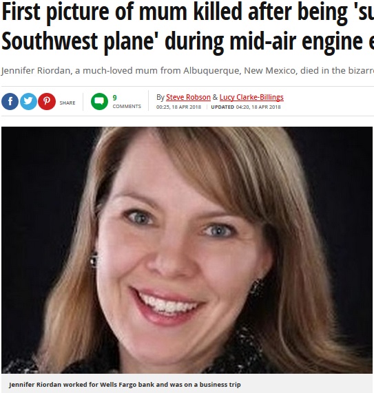 死亡した2児の母ジェニファーさん（画像は『Mirror　2018年4月18日付「First picture of mum killed after being ‘sucked out of Southwest plane’ during mid-air engine explosion」』のスクリーンショット）