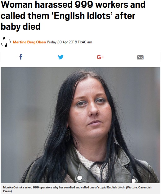 息子を亡くした母、999に嫌がらせ電話を続ける（画像は『Metro　2018年4月20日付「Woman harassed 999 workers and called them ‘English idiots’ after baby died」（Picture：Cavendish Press）』のスクリーンショット）