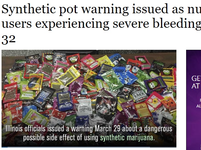 アメリカの新・合成カンナビノイドで重い出血傾向（画像は『Chicago Tribune　2018年3月30日付「Synthetic pot warning issued as number of users experiencing severe bleeding jumps to 32」』のスクリーンショット）