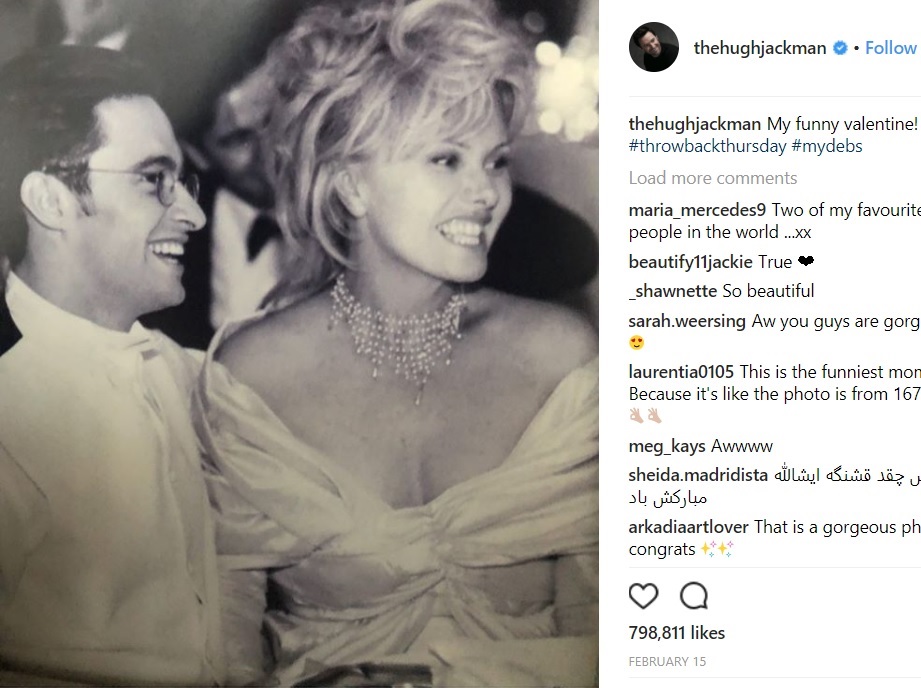 バレンタインデーには若き頃の2ショットを投稿したヒュー（画像は『Hugh Jackman　2018年2月15日付Instagram「My funny valentine!」』のスクリーンショット）