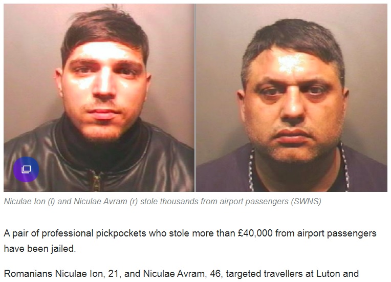 英空港でスリを働いたルーマニア国籍の男2人（画像は『Yahoo News UK　2018年4月10日付「Romanian pickpockets who stole over ￡40k from unsuspecting airport passengers jailed」（SWNS）』のスクリーンショット）