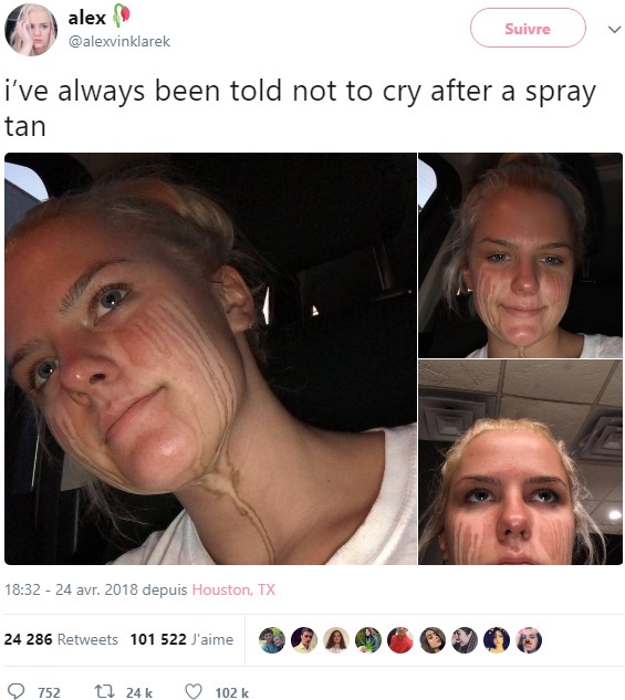 見事な泣き顔に…（画像は『alex　2018年4月24日付Twitter「i’ve always been told not to cry after a spray tan」』のスクリーンショット）