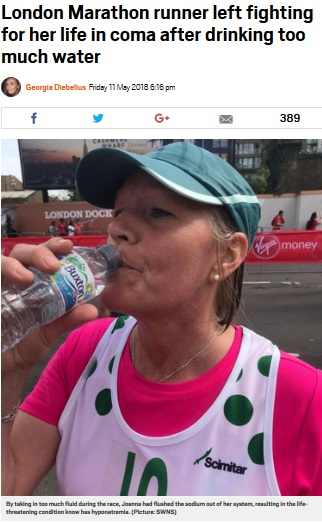 水の飲みすぎで命の危機に陥った女性（画像は『Metro　2018年5月11日付「London Marathon runner left fighting for her life in coma after drinking too much water」（Picture: SWNS）』のスクリーンショット）