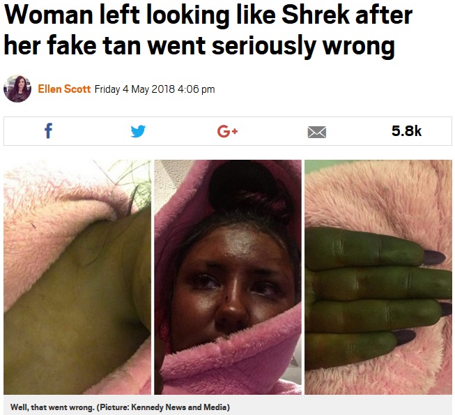 セルフタンニングで肌の色がとんでもないことに（画像は『Metro　2018年5月4日付「Woman left looking like Shrek after her fake tan went seriously wrong」（Picture: Kennedy News and Media）』のスクリーンショット）