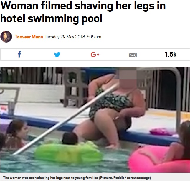 プールで脚のムダ毛を剃る女性（画像は『Metro　2018年5月29日付「Woman filmed shaving her legs in hotel swimming pool」（Picture: Reddit / screwsausage）』のスクリーンショット）