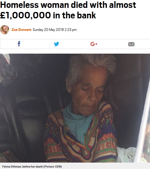 1億円超の資産を持っていた生前のホームレス女性（画像は『Metro　2018年5月20日付「Homeless woman died with almost ￡1,000,000 in the bank」（Picture: CEN）』のスクリーンショット）