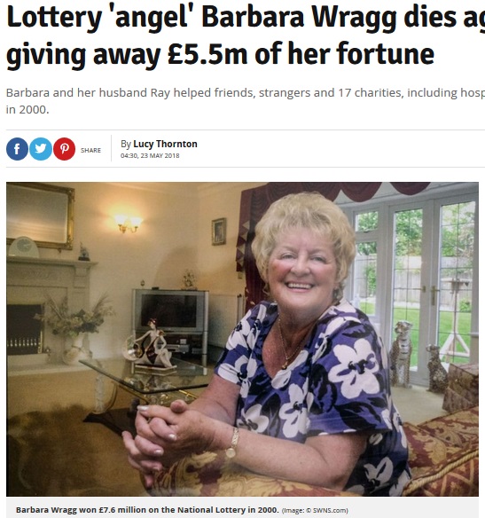 大金を手にした女性、そのほとんどを寄付してこの世を去る（画像は『Daily Record　2018年5月23日付「Lottery ‘angel’ Barbara Wragg dies aged 77 after giving away ￡5.5m of her fortune」（Image:SWNS.com）』のスクリーンショット）