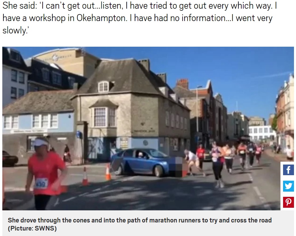 マラソン中の道路に侵入する身勝手な女性ドライバー（画像は『Metro　2018年5月21日付「Woman ignores road closures to try and drive through half-marathon」（Picture: SWNS）』のスクリーンショット）