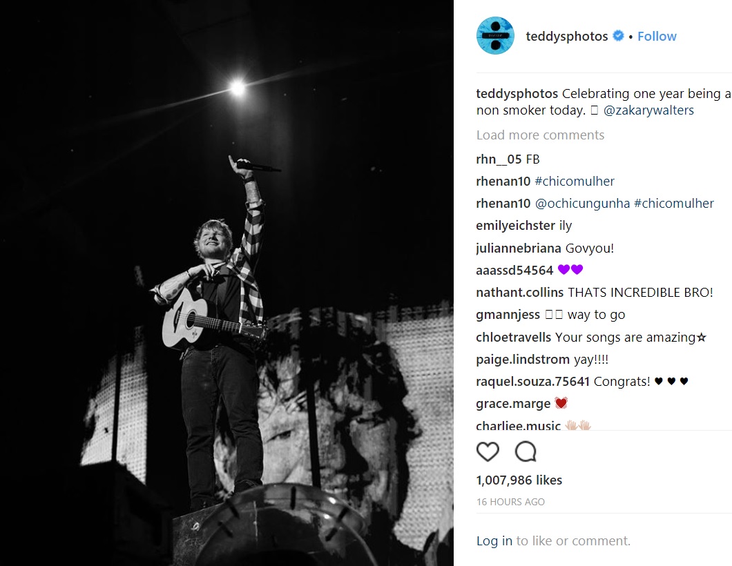 公私ともに充実のエド・シーラン（画像は『Ed Sheeran　2018年5月5日付Instagram「Celebrating one year being a non smoker today.」』のスクリーンショット）