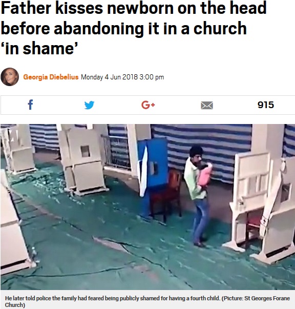 我が子にキスして4番目の子供を置き去りにした父（画像は『Metro　2018年6月4日付「Father kisses newborn on the head before abandoning it in a church ‘in shame’」（Picture: St Georges Forane Church）』のスクリーンショット）