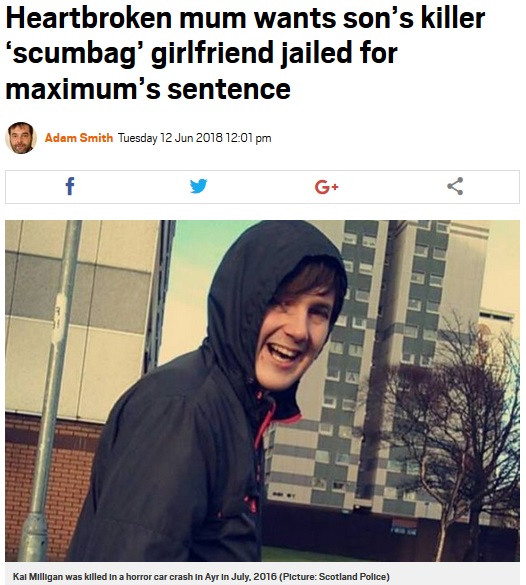 21歳の若さで交通事故により他界した男性（画像は『Metro　2018年6月12日付「Heartbroken mum wants son’s killer ‘scumbag’ girlfriend jailed for maximum’s sentence」（(Picture: Scotland Police）』のスクリーンショット）