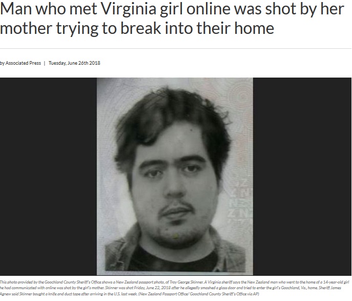 米国に住む少女の家を襲撃したニュージーランドの男（画像は『KUTV　2018年6月26日付「Man who met Virginia girl online was shot by her mother trying to break into their home」（New Zealand Passport Office/ Goochland County Sheriff’s Office via AP）』のスクリーンショット）