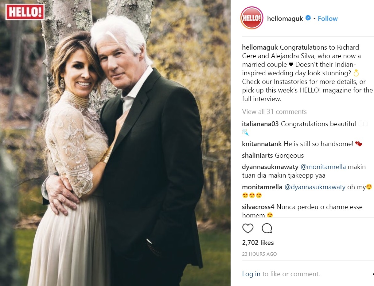 リチャード・ギア「幸せだ」（画像は『HELLO! magazine　2018年6月4日付Instagram「Congratulations to Richard Gere and Alejandra Silva, who are now a married couple」』のスクリーンショット）